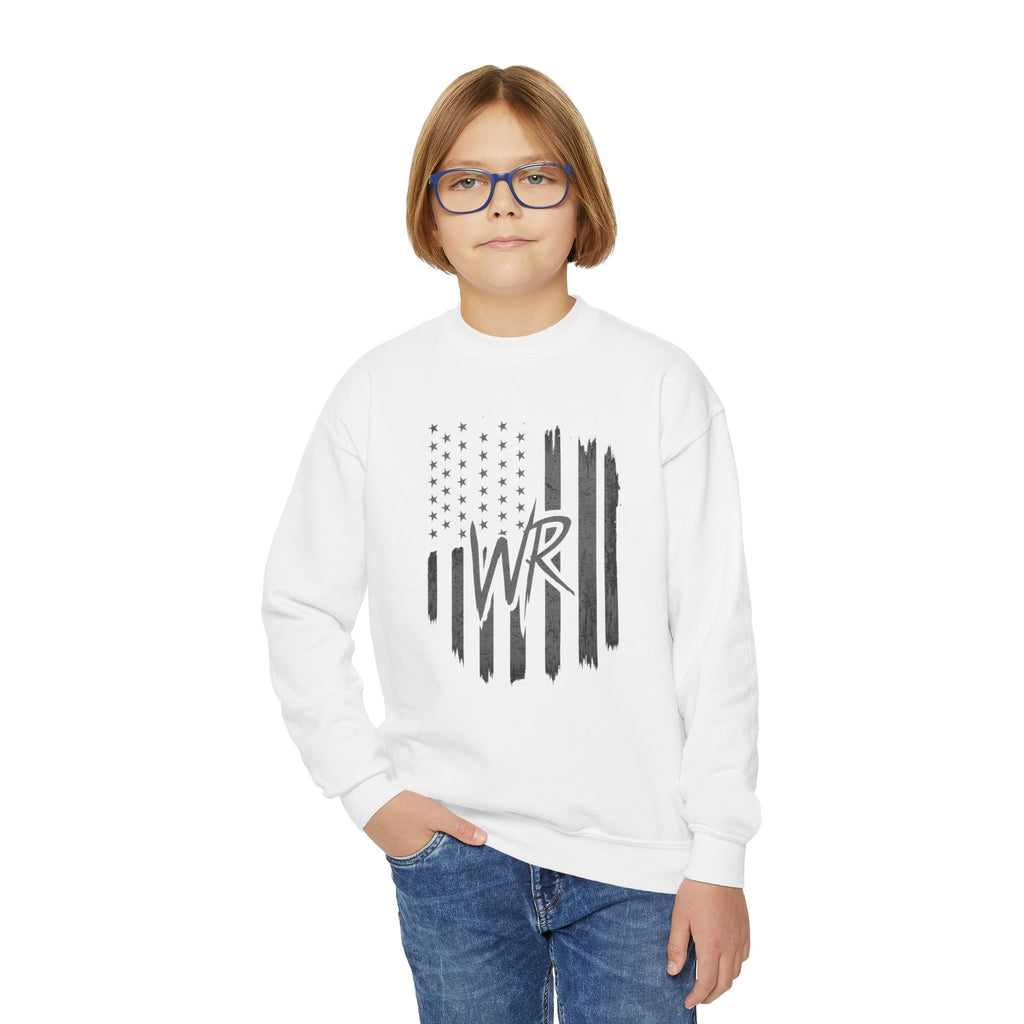 Youth Crewneck Sweatshirt Distressed American Flag with 'WR' Logo