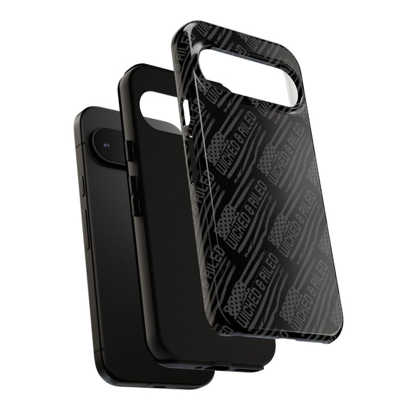 Rugged black protective phone case with 'TOUGH CASES' text pattern by Printify, showcasing durable design and texture.