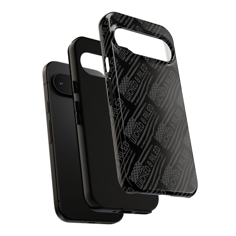 Rugged black protective phone case with 'TOUGH CASES' text pattern by Printify, showcasing durable design and texture.
