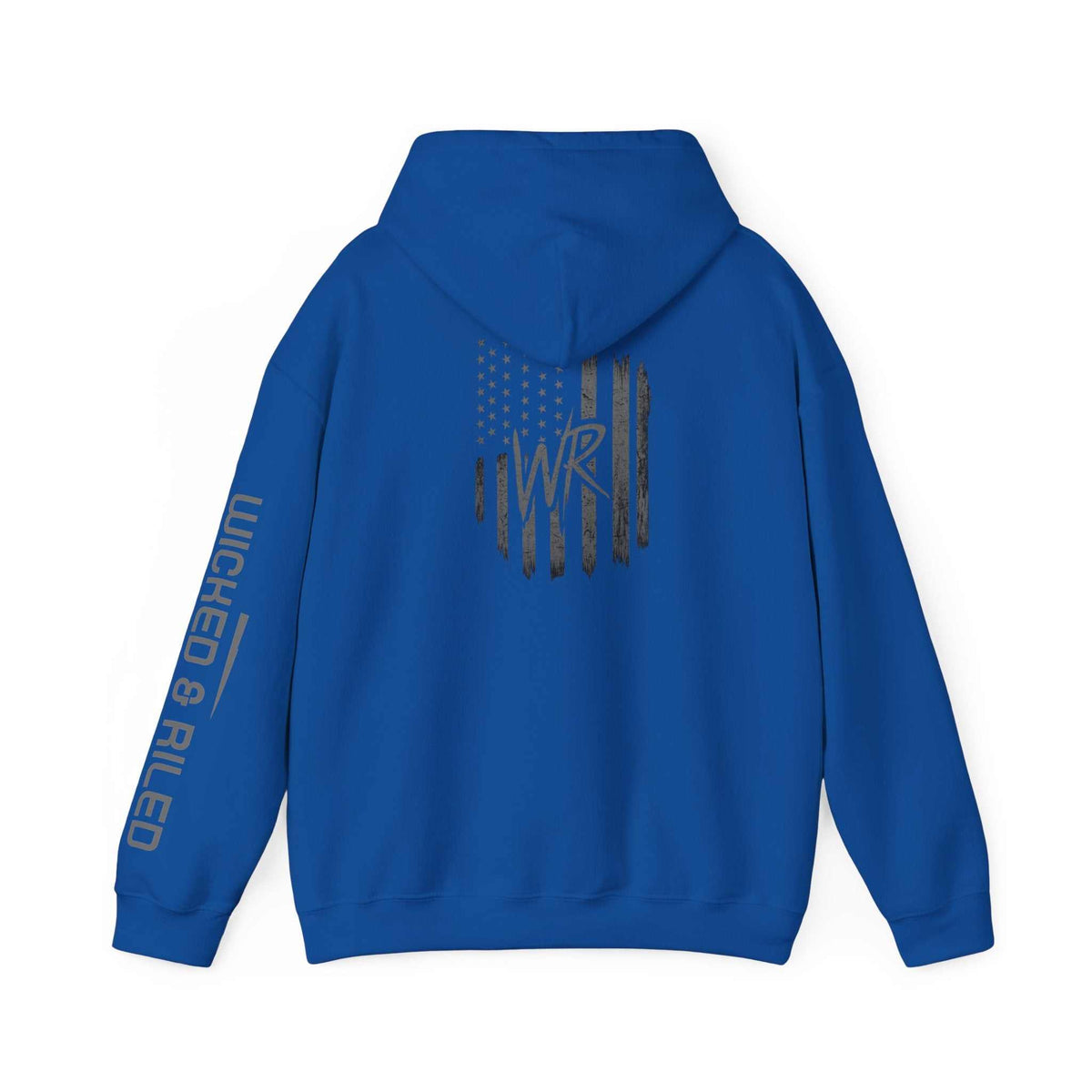 Wicked & Riled distressed American logo hoodie pullover in a casual style, showcasing a relaxed fit and vibrant colors.