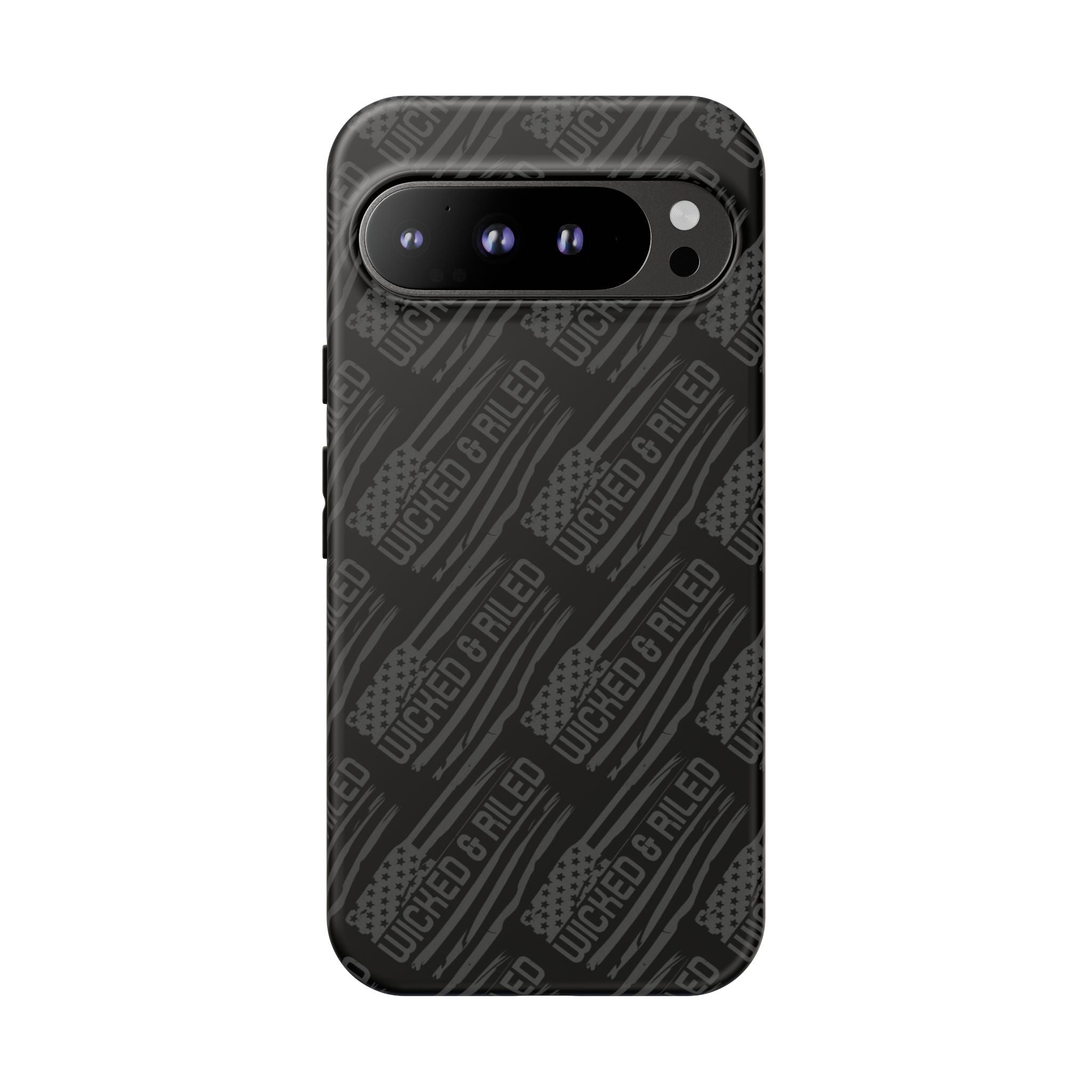 Rugged black protective phone case by Printify featuring a textured "TOUGH CASES" pattern for enhanced grip and durability.