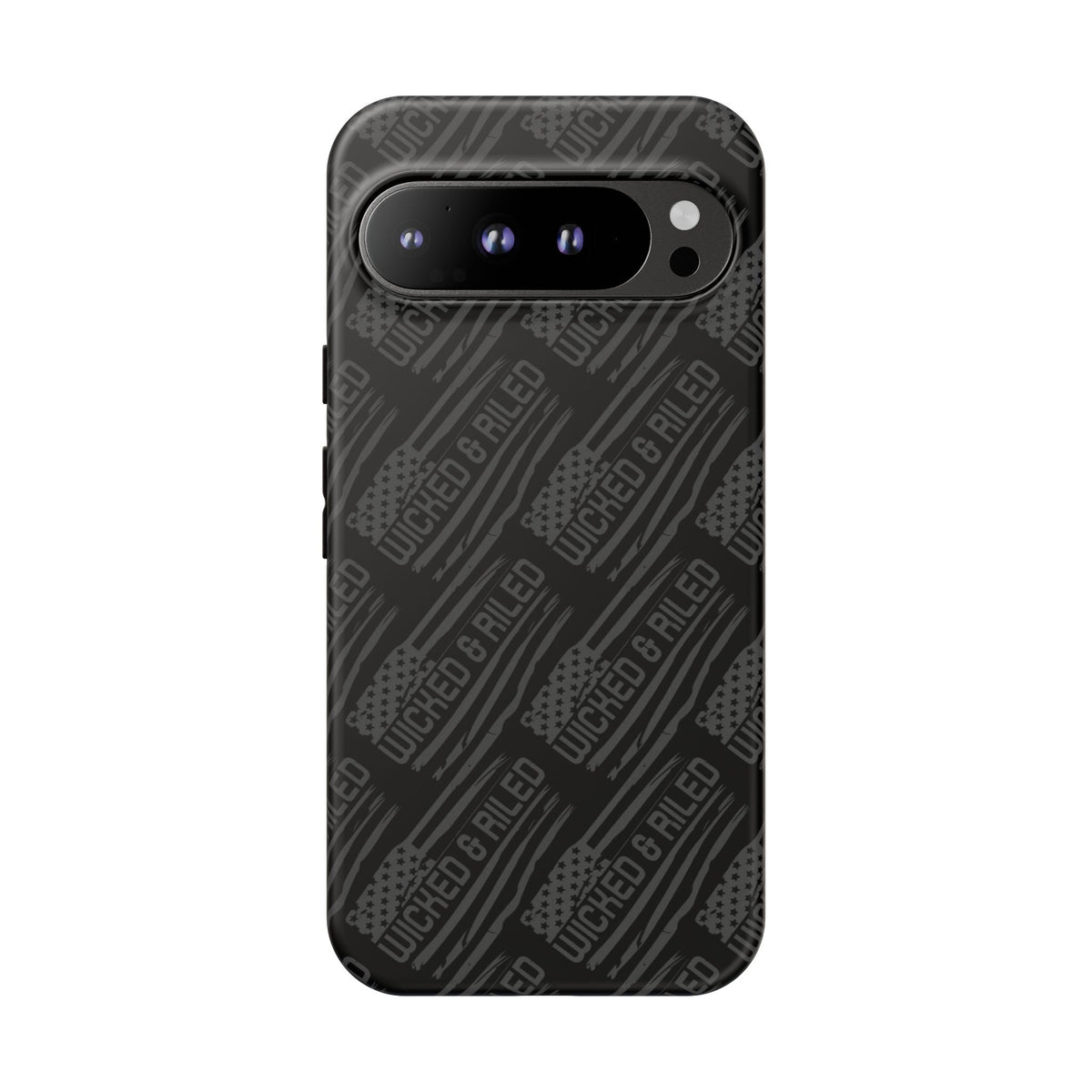 Rugged black protective phone case by Printify featuring a textured "TOUGH CASES" pattern for enhanced grip and durability.
