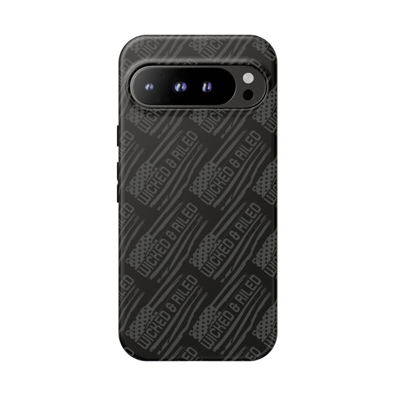 Rugged black protective phone case by Printify featuring a textured "TOUGH CASES" pattern for enhanced grip and durability.