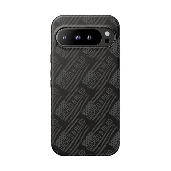 Rugged black protective phone case by Printify featuring a textured "TOUGH CASES" pattern for enhanced grip and durability.
