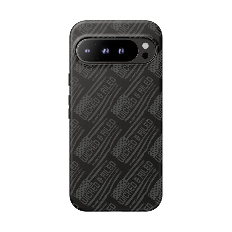 Rugged black protective phone case by Printify featuring a textured "TOUGH CASES" pattern for enhanced grip and durability.