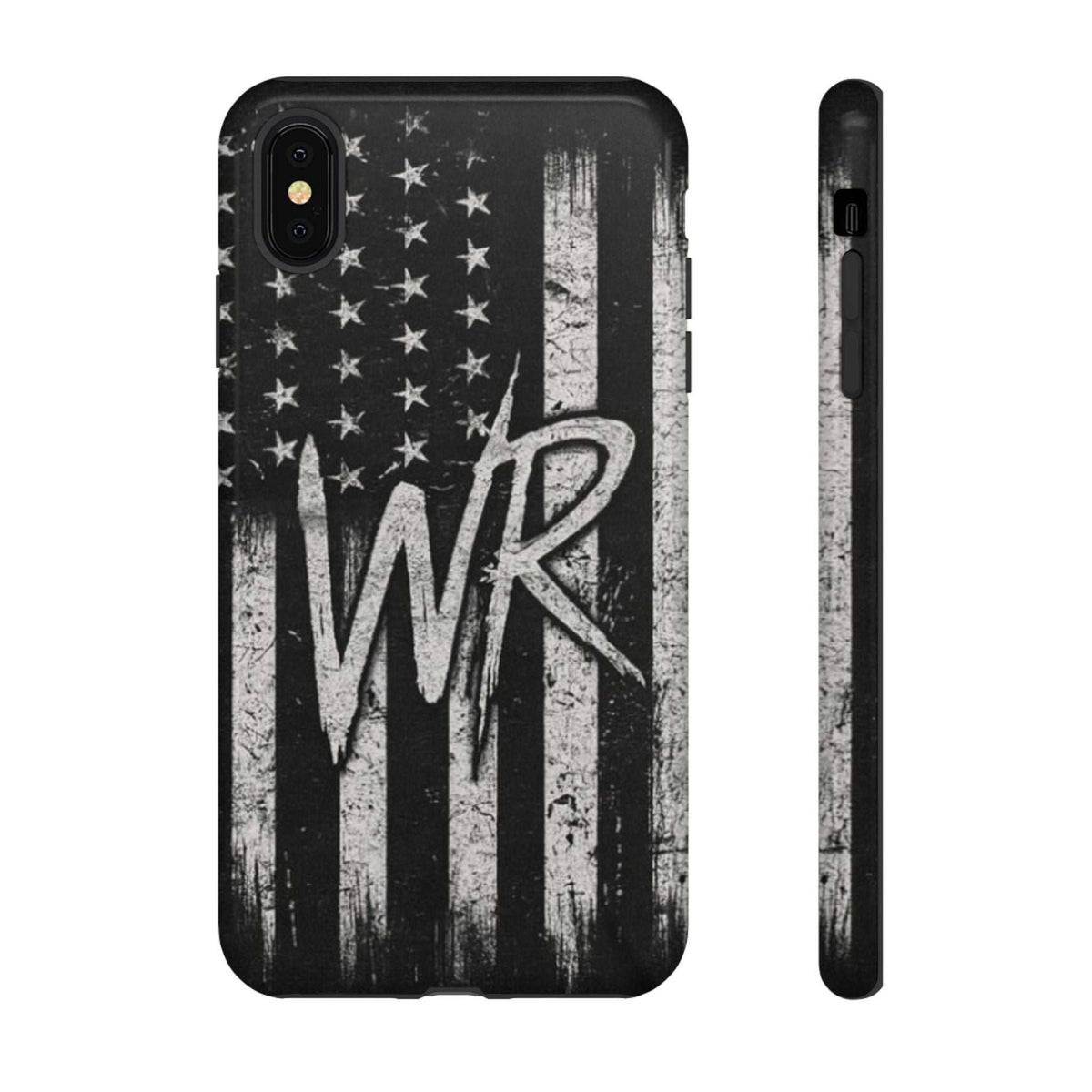 Patriotic monogram tough phone case featuring a distressed American flag design with the initials WR by Printify.