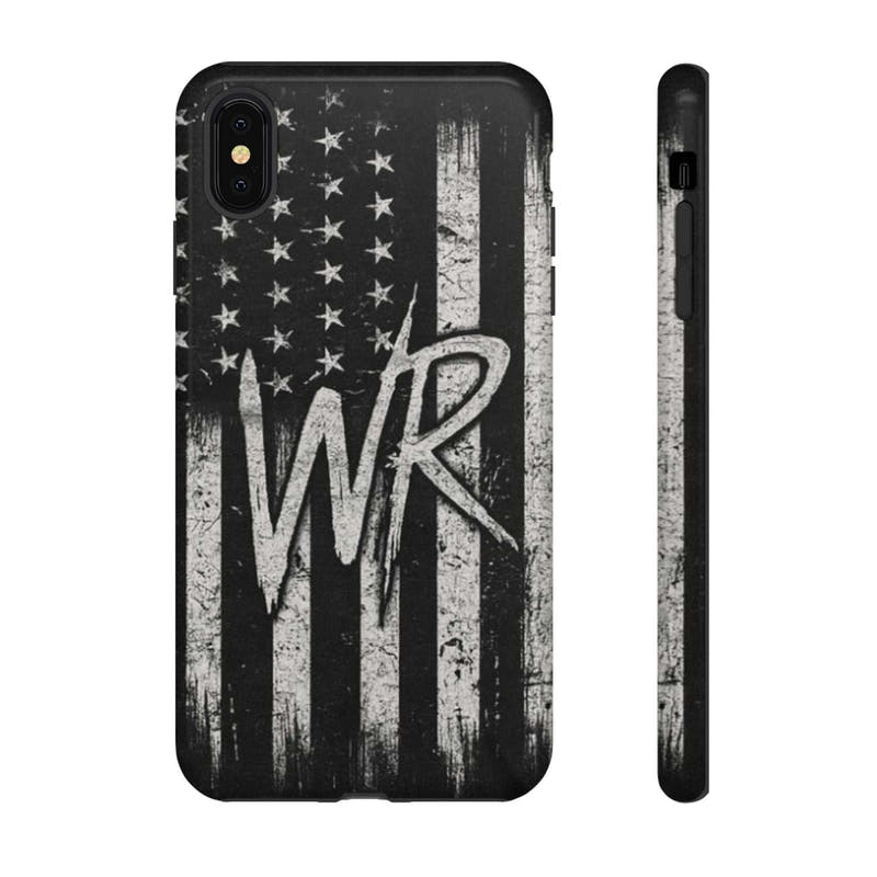 Patriotic monogram tough phone case featuring a distressed American flag design with the initials WR by Printify.