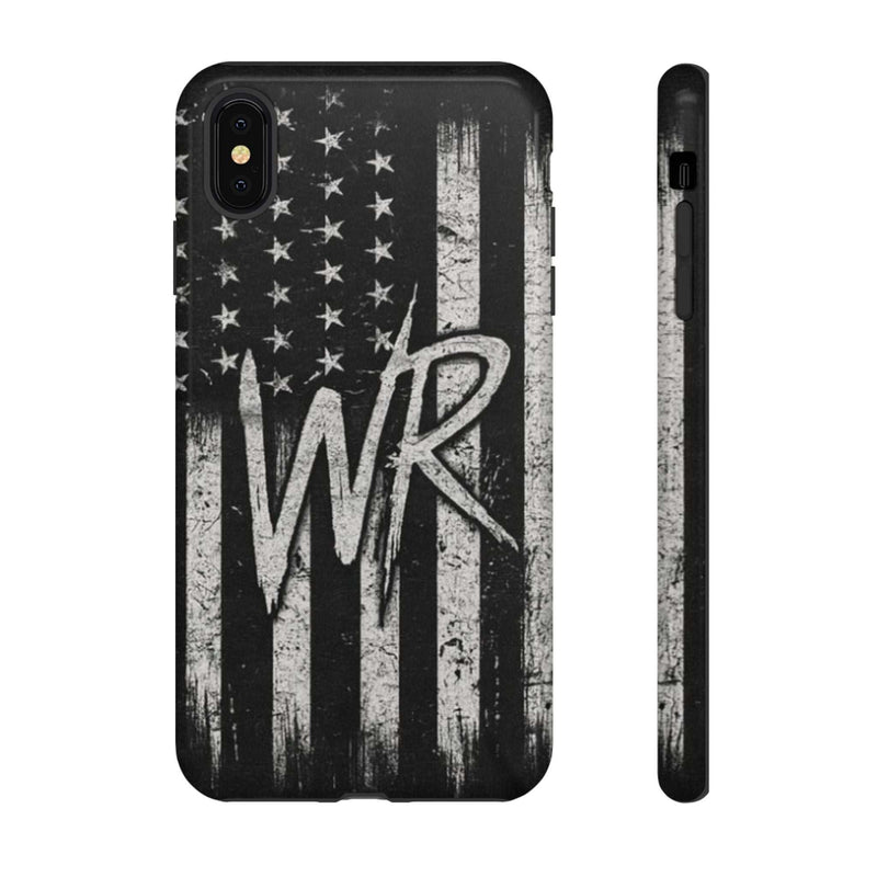 Patriotic monogram tough phone case featuring a distressed American flag design with the initials WR by Printify.
