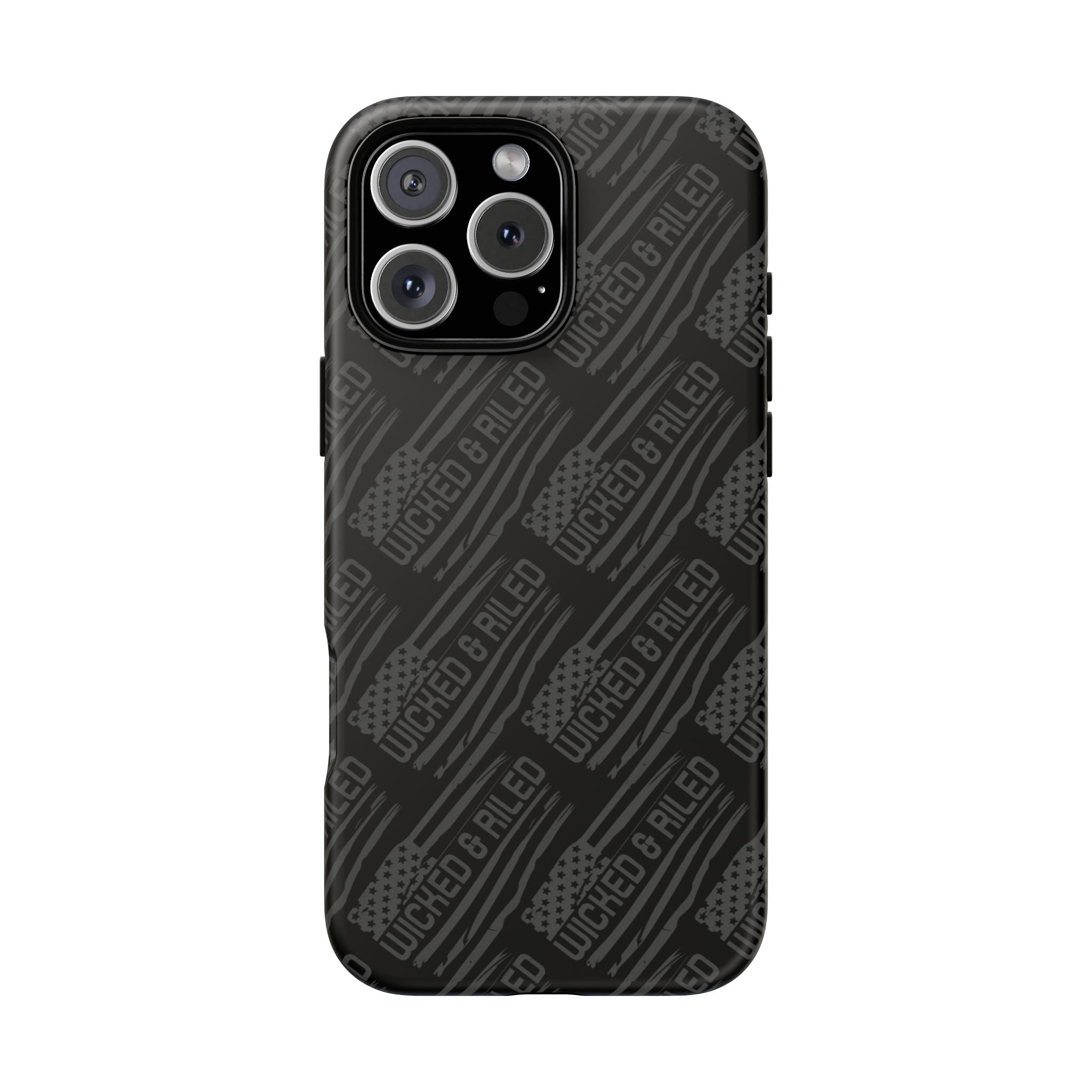 Rugged black protective phone case by Printify with TOUGH CASES text pattern, showcasing its durable design and texture.