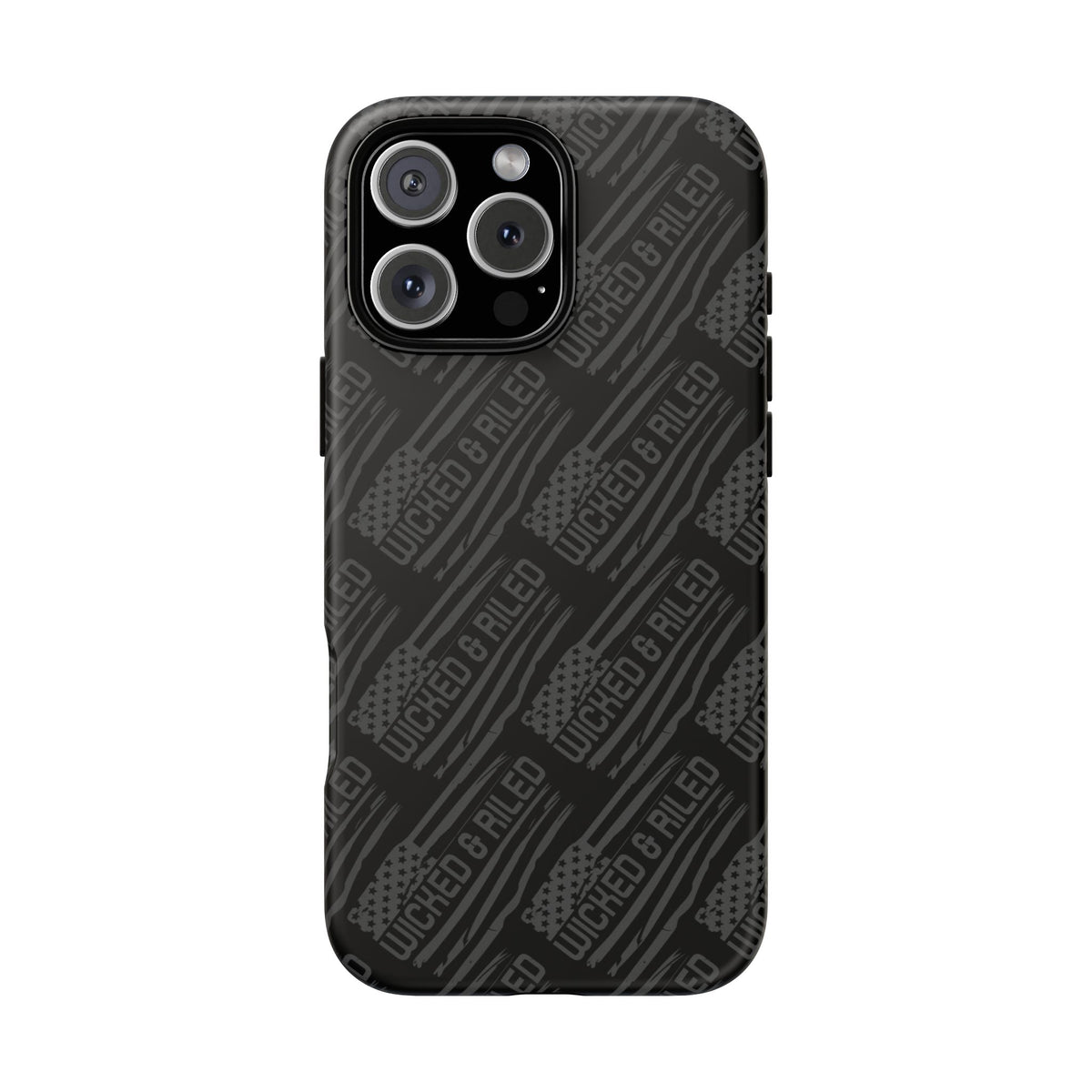 Rugged black protective phone case by Printify with TOUGH CASES text pattern, showcasing its durable design and texture.