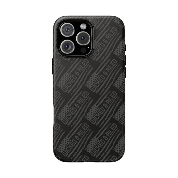 Rugged black protective phone case by Printify with TOUGH CASES text pattern, showcasing its durable design and texture.
