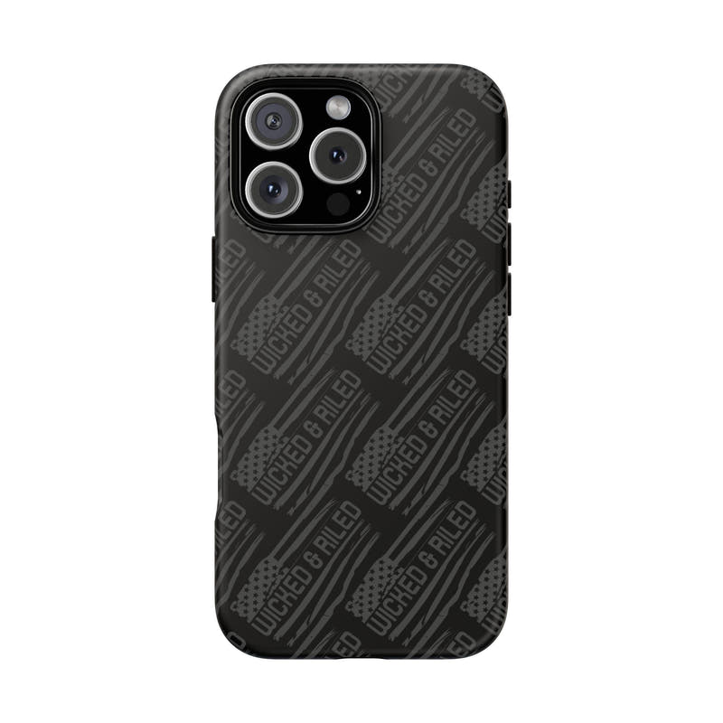 Rugged black protective phone case by Printify with TOUGH CASES text pattern, showcasing its durable design and texture.