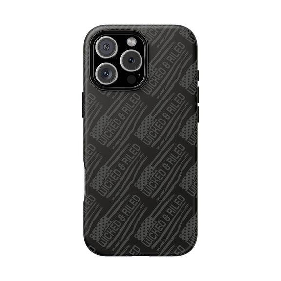 Rugged black protective phone case by Printify with TOUGH CASES text pattern, showcasing its durable design and texture.