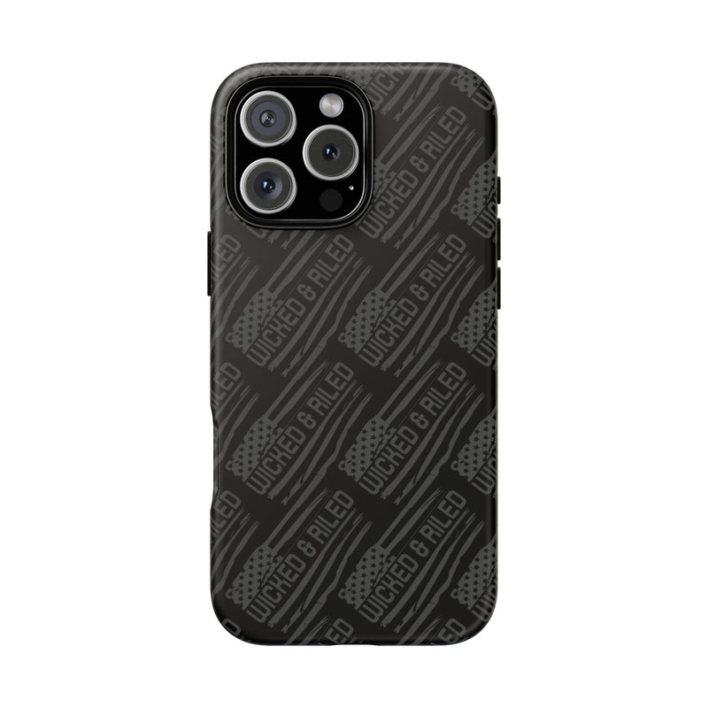 Rugged black protective phone case by Printify with TOUGH CASES text pattern, showcasing its durable design and texture.