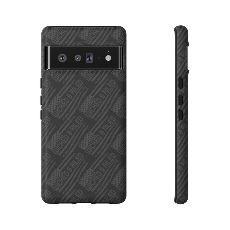 Rugged black protective phone case with TOUGH CASES text pattern by Printify, designed for durability and style.