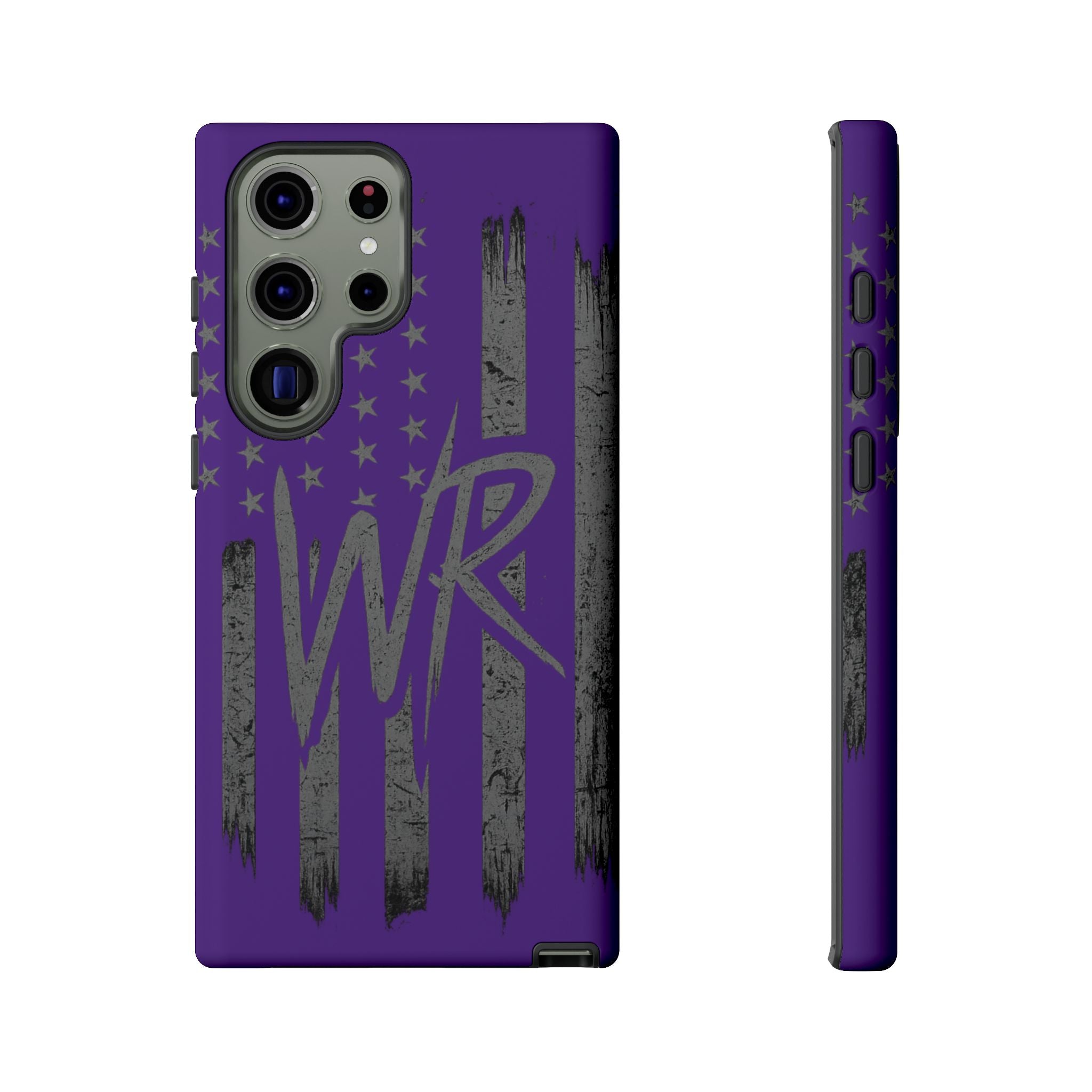 Purple 'WR' flag tough phone case by Printify, showcasing durable design and vibrant colors against a neutral background.