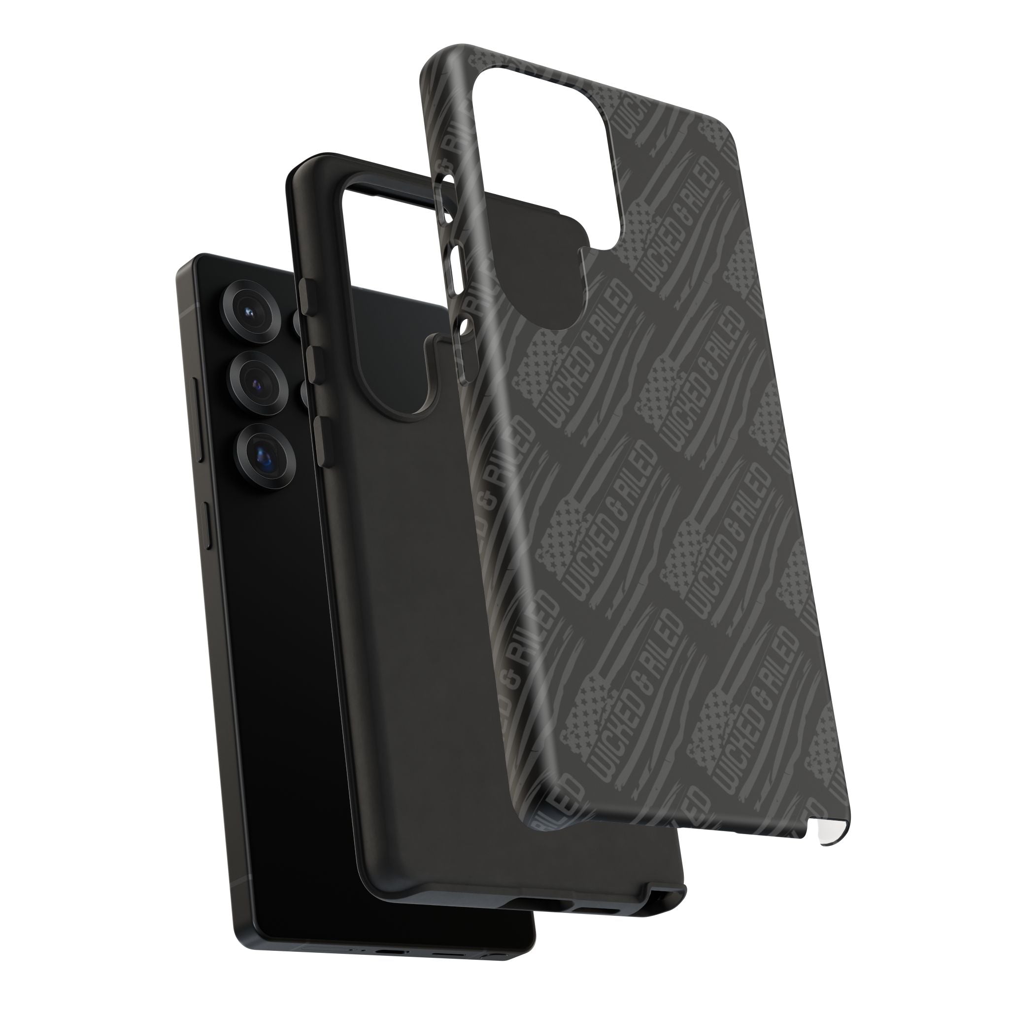 Rugged black protective phone case by Printify with a textured "TOUGH CASES" pattern design.