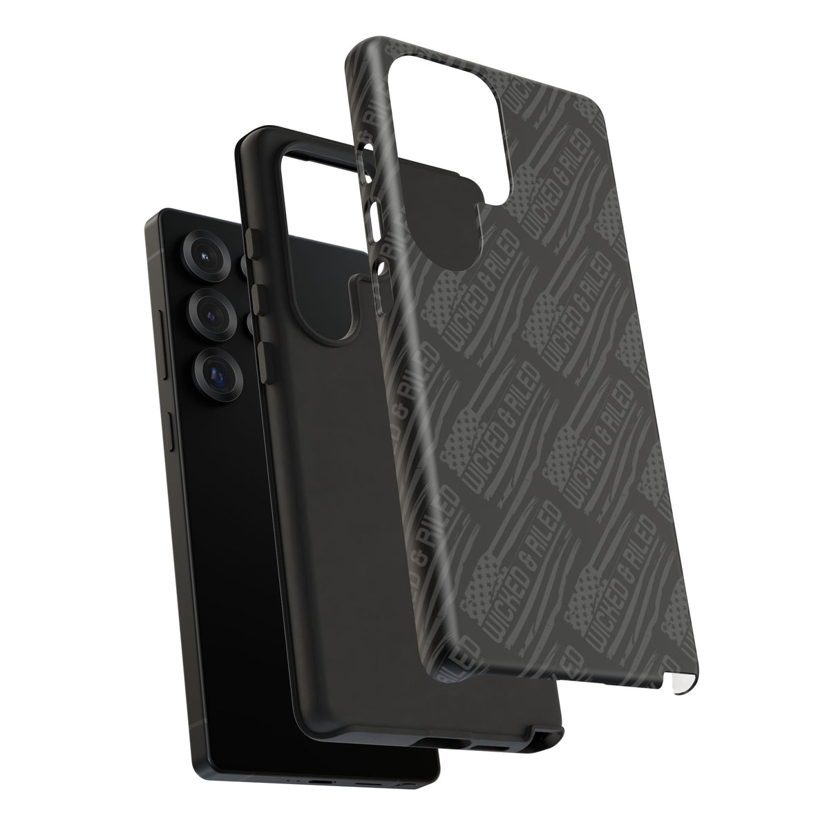 Rugged black protective phone case by Printify with a textured "TOUGH CASES" pattern design.