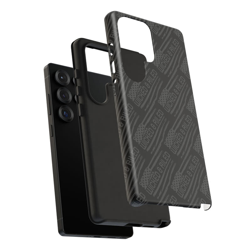 Rugged black protective phone case by Printify with a textured "TOUGH CASES" pattern design.
