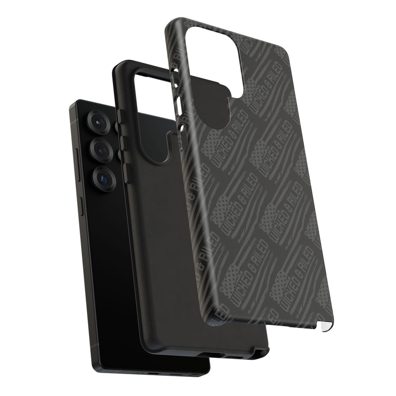 Rugged black protective phone case by Printify with a textured "TOUGH CASES" pattern design.