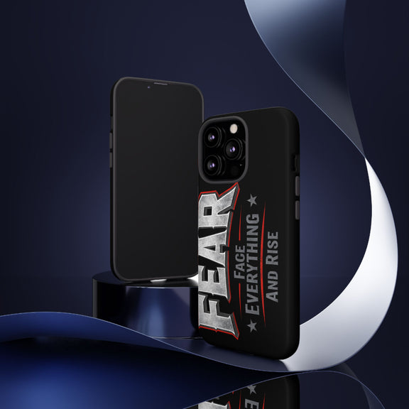 Fear Phone Case by Printify featuring a bold "Face Everything and Rise" design on a sleek phone case.