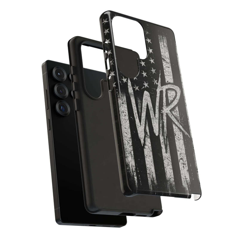 Patriotic monogram tough phone case featuring a distressed American flag design with WR initials by Printify.