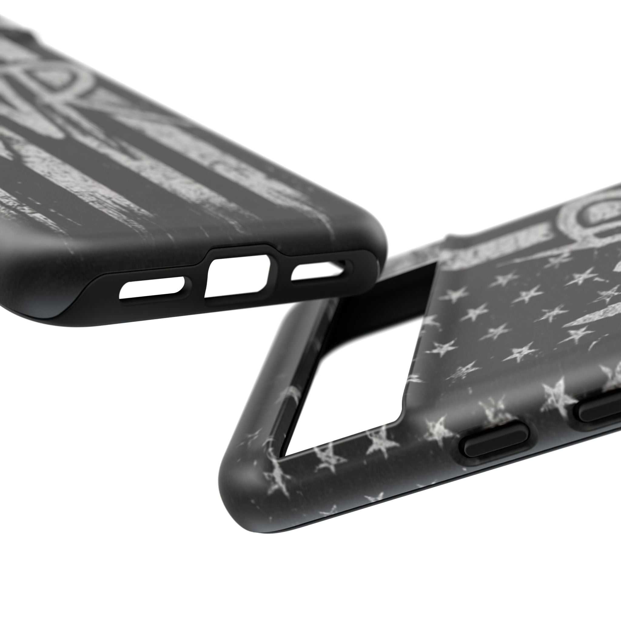 Distressed American flag phone case featuring a patriotic monogram "WR" by Printify.