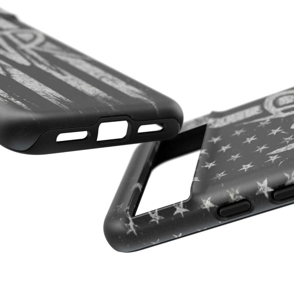Distressed American flag phone case featuring a patriotic monogram "WR" by Printify.