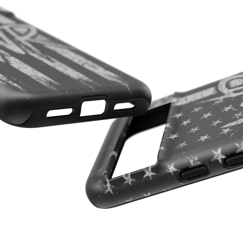 Distressed American flag phone case featuring a patriotic monogram "WR" by Printify.