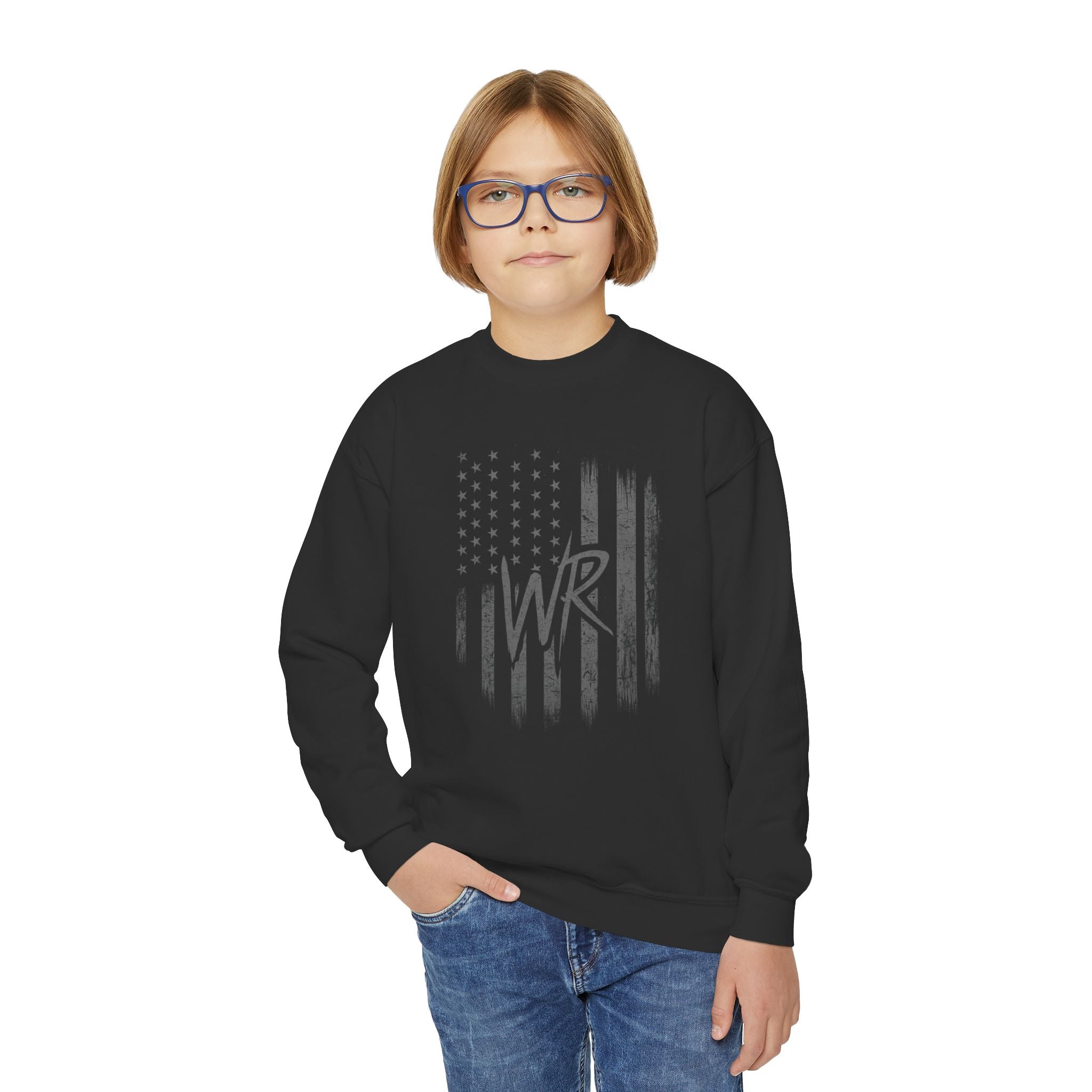 Youth Crewneck Sweatshirt Distressed American Flag with 'WR' Logo - Wicked & Riled Clothing