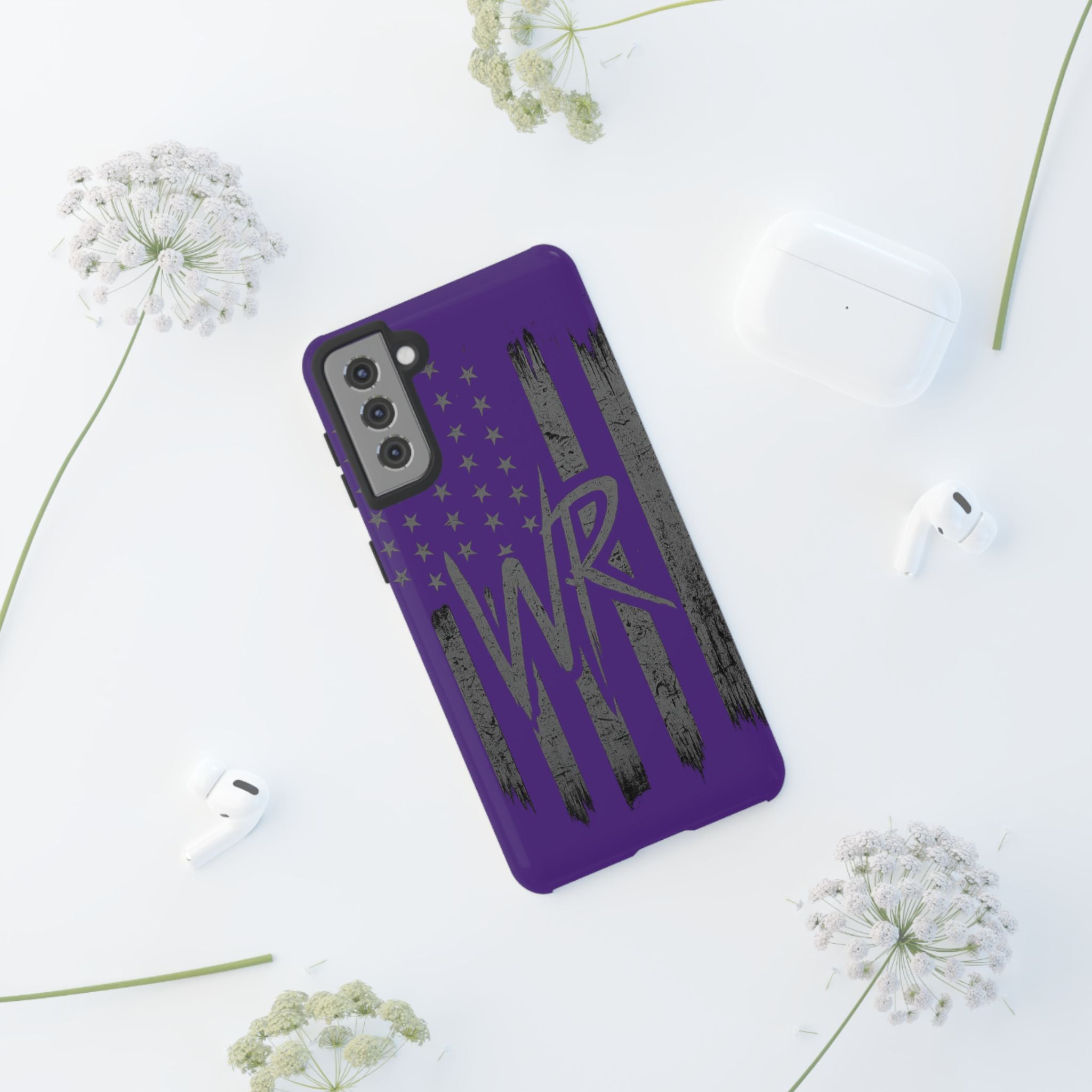 Purple 'WR' flag tough phone case by Printify with textured surface and reinforced edges for enhanced protection.