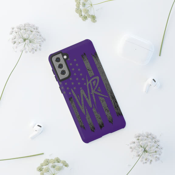 Purple 'WR' flag tough phone case by Printify with textured surface and reinforced edges for enhanced protection.