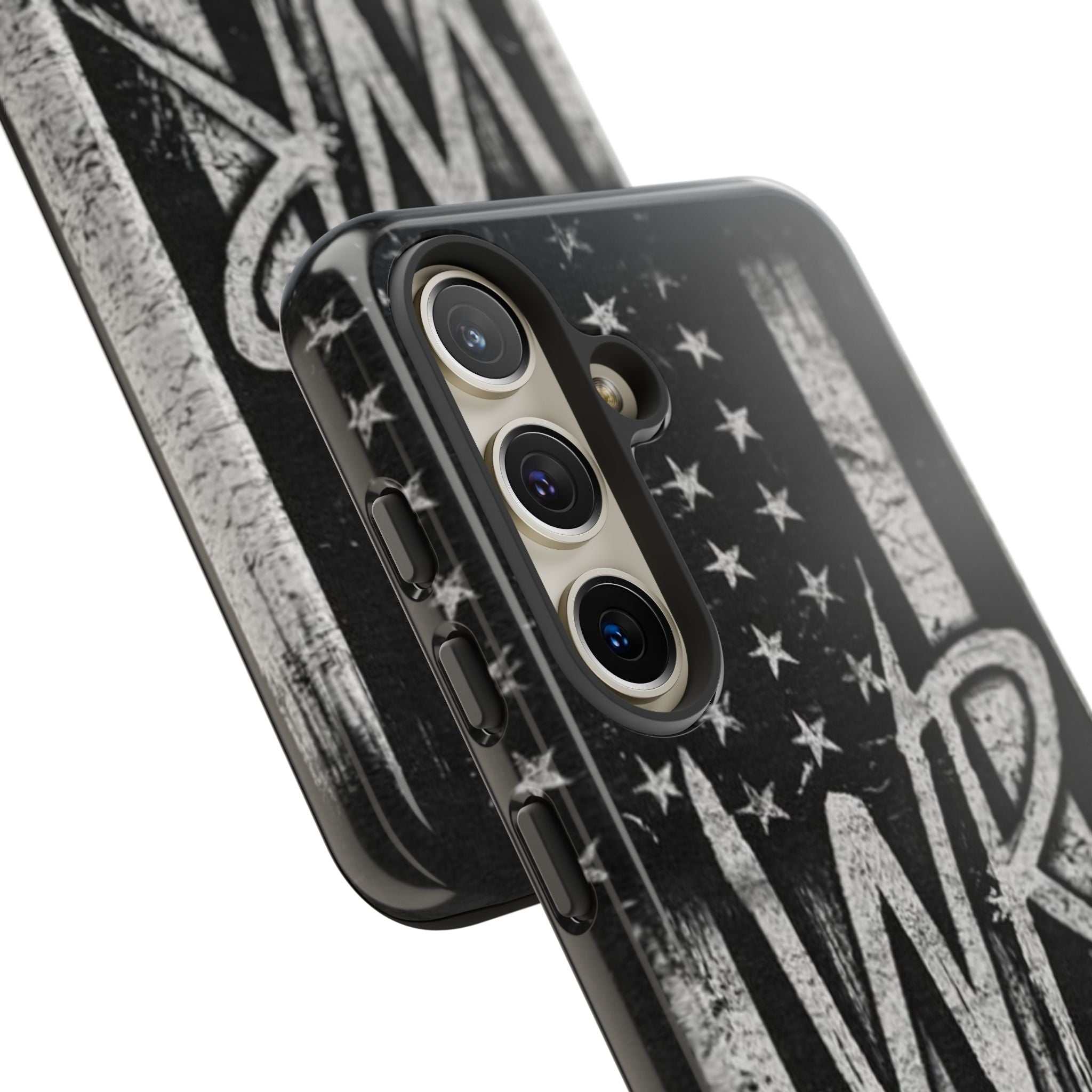 Distressed American flag phone case featuring a monogram WR by Printify, showcasing a rugged design for protection.