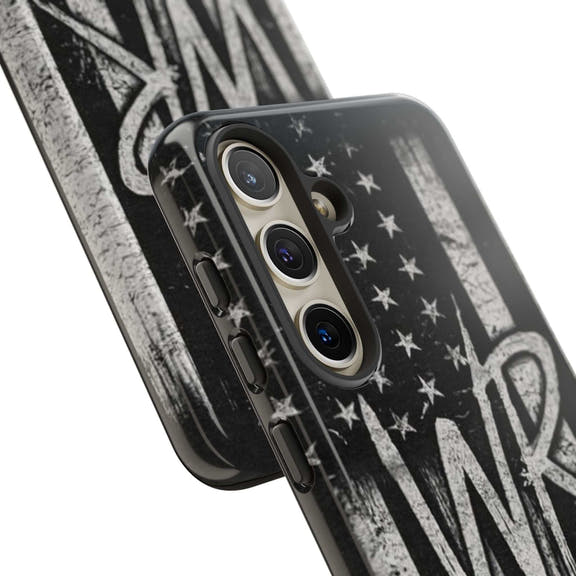 Distressed American flag phone case featuring a monogram WR by Printify, showcasing a rugged design for protection.