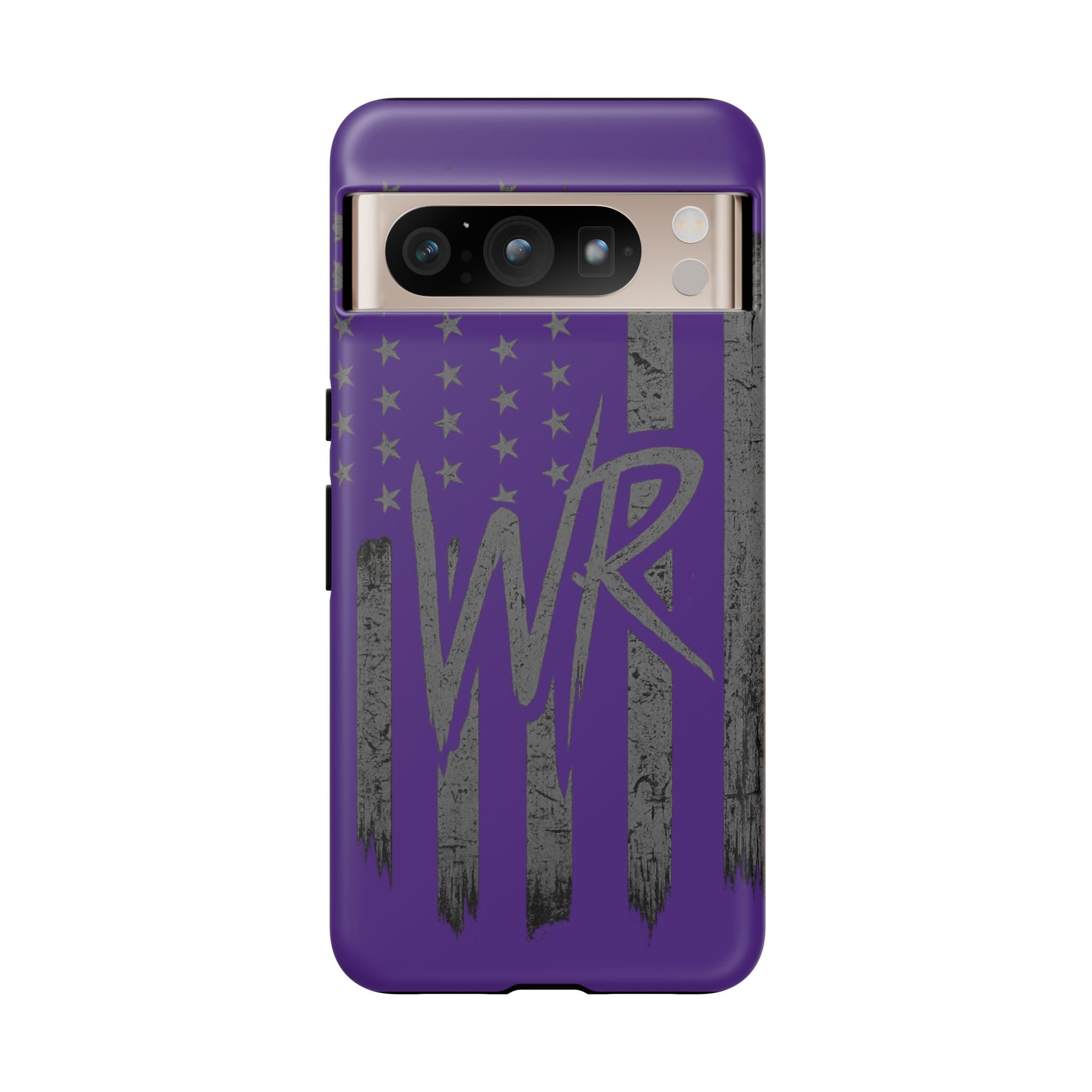 Purple 'WR' flag tough phone case by Printify, showcasing a durable design with vibrant colors and textured finish.