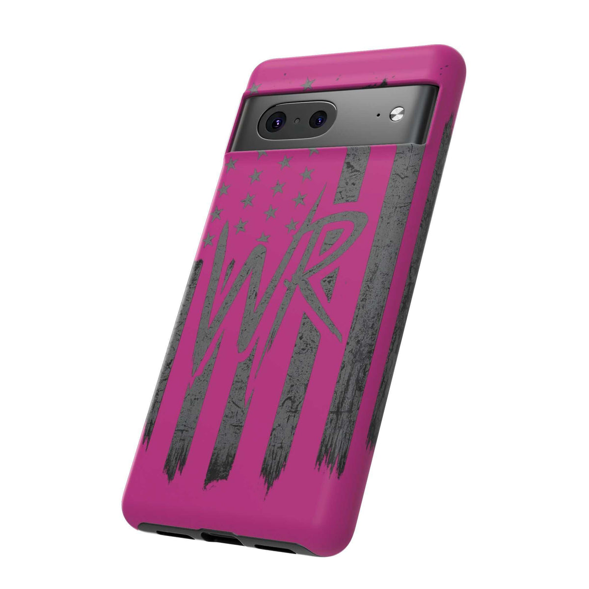 Pink 'WR' Flag Tough Phone Case by Printify, showcasing a durable design with a vibrant flag pattern.