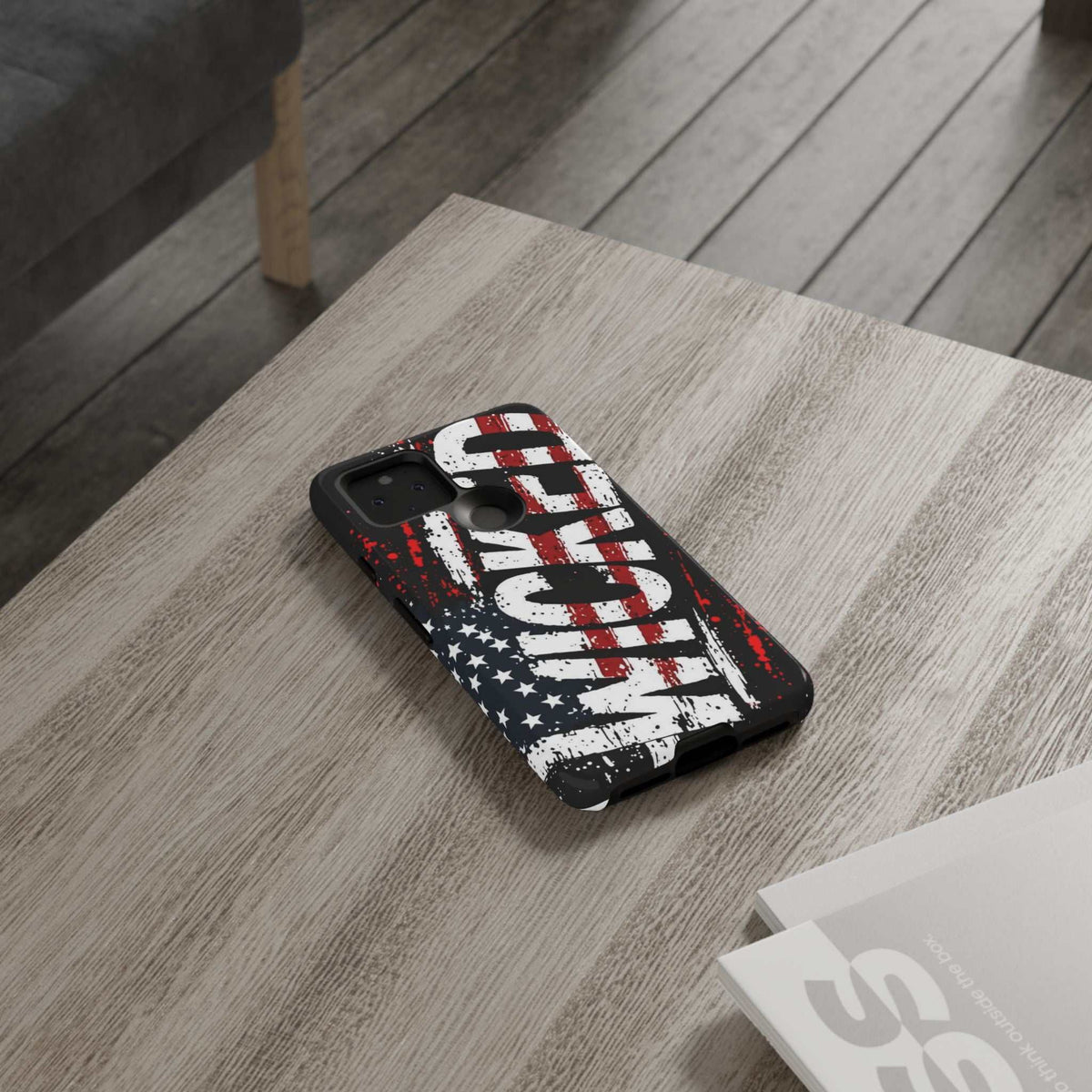 Distressed American flag phone case with "VETERAN" graphic by Printify, showcasing rugged patriotic protection design.