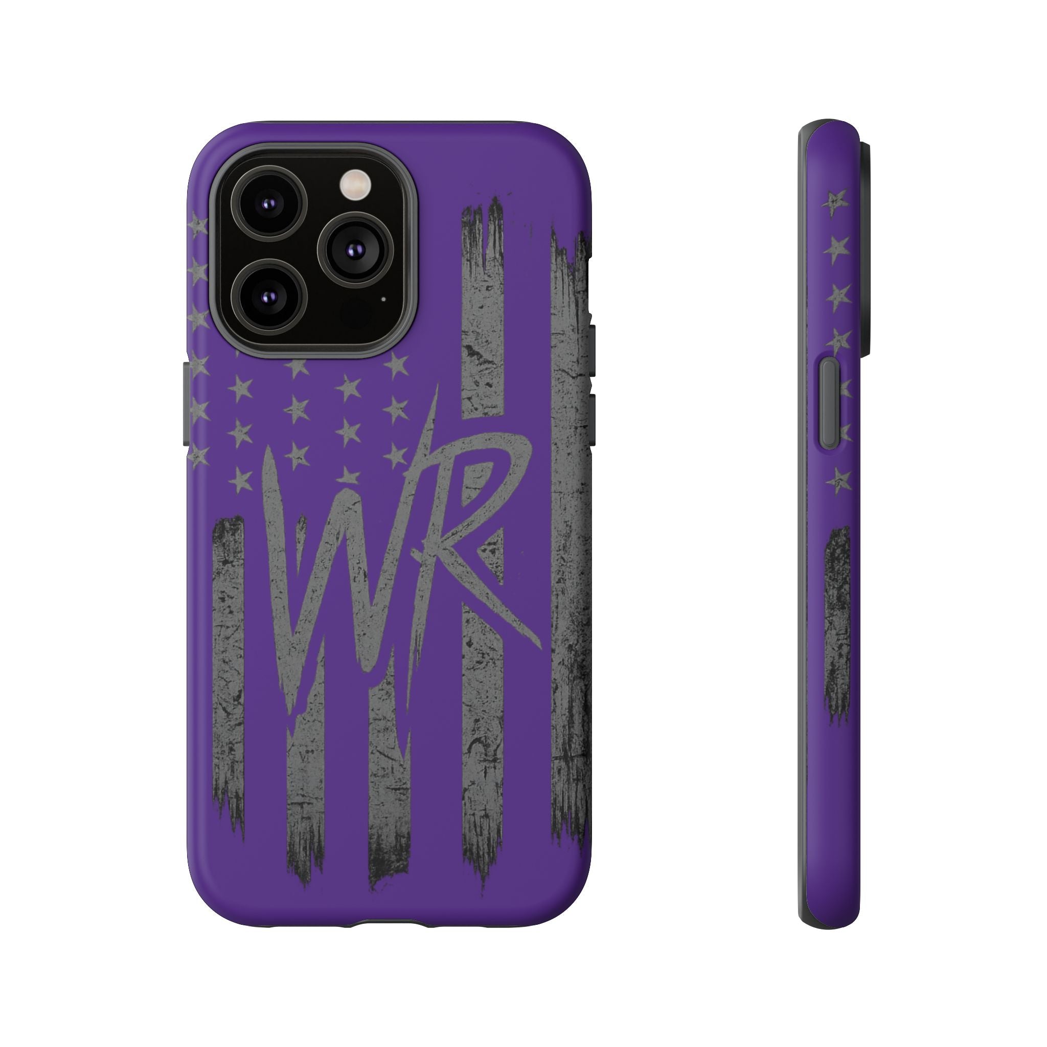 Purple 'WR' flag tough phone case by Printify, showcasing a durable design with vibrant colors and precise cutouts.