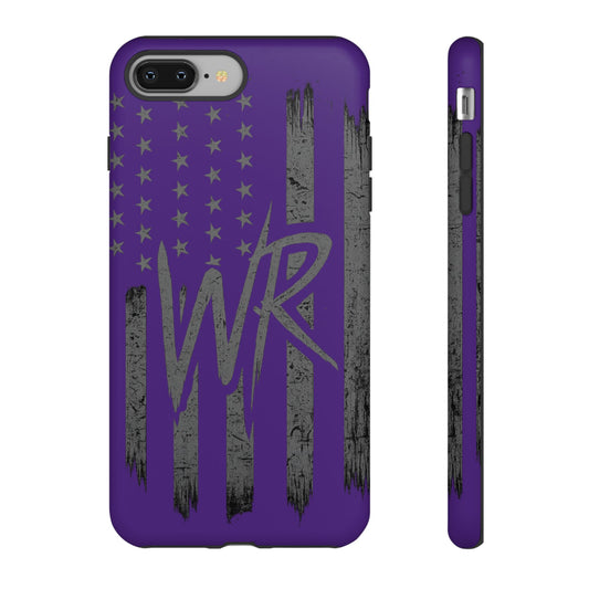 Purple 'WR' flag tough phone case by Printify with durable design and textured exterior for enhanced grip.