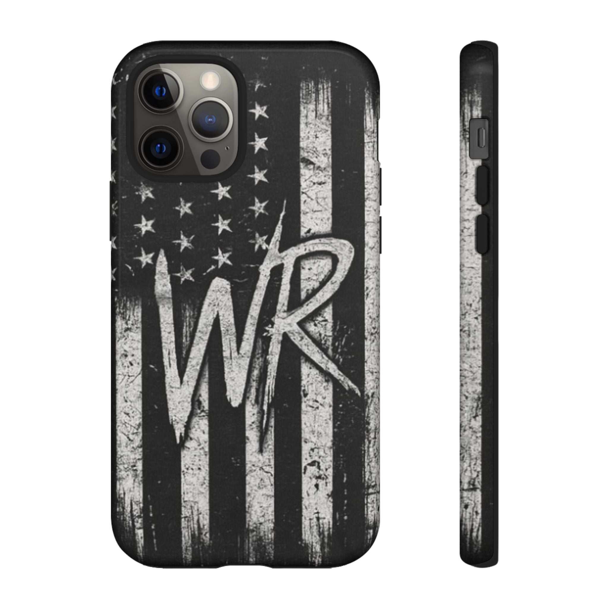 Distressed American flag design on a Patriotic Monogram Tough Phone Case featuring WR by Printify.