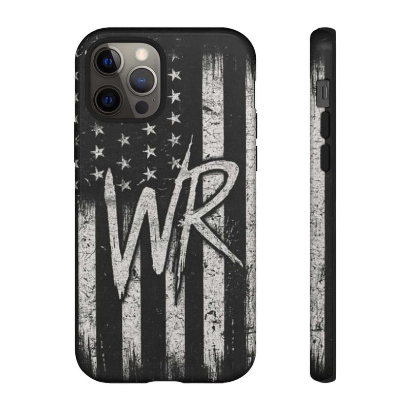 Distressed American flag design on a Patriotic Monogram Tough Phone Case featuring WR by Printify.