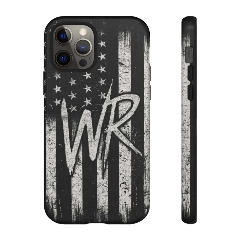 Distressed American flag design on a Patriotic Monogram Tough Phone Case featuring WR by Printify.