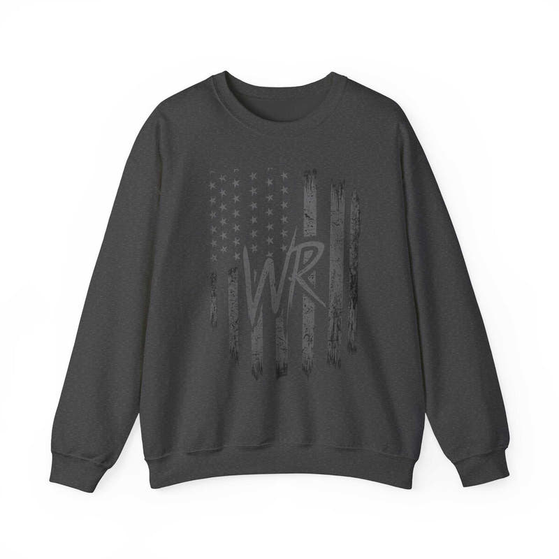 Distressed American flag crewneck sweatshirt with WR monogram by Printify, featuring a cozy pullover design.