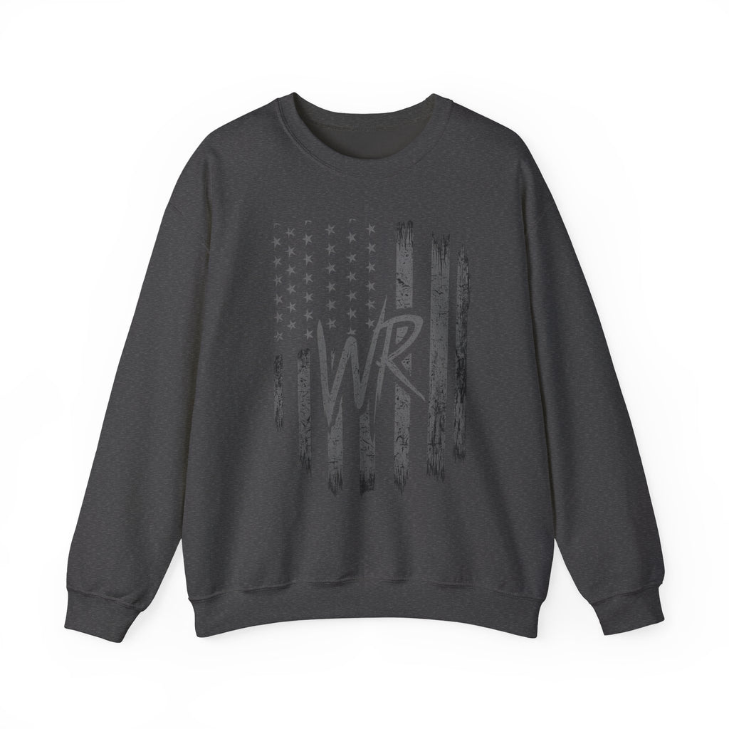 American Flag Crewneck Sweatshirt with WR Monogram — Distressed Patriotic Pullover