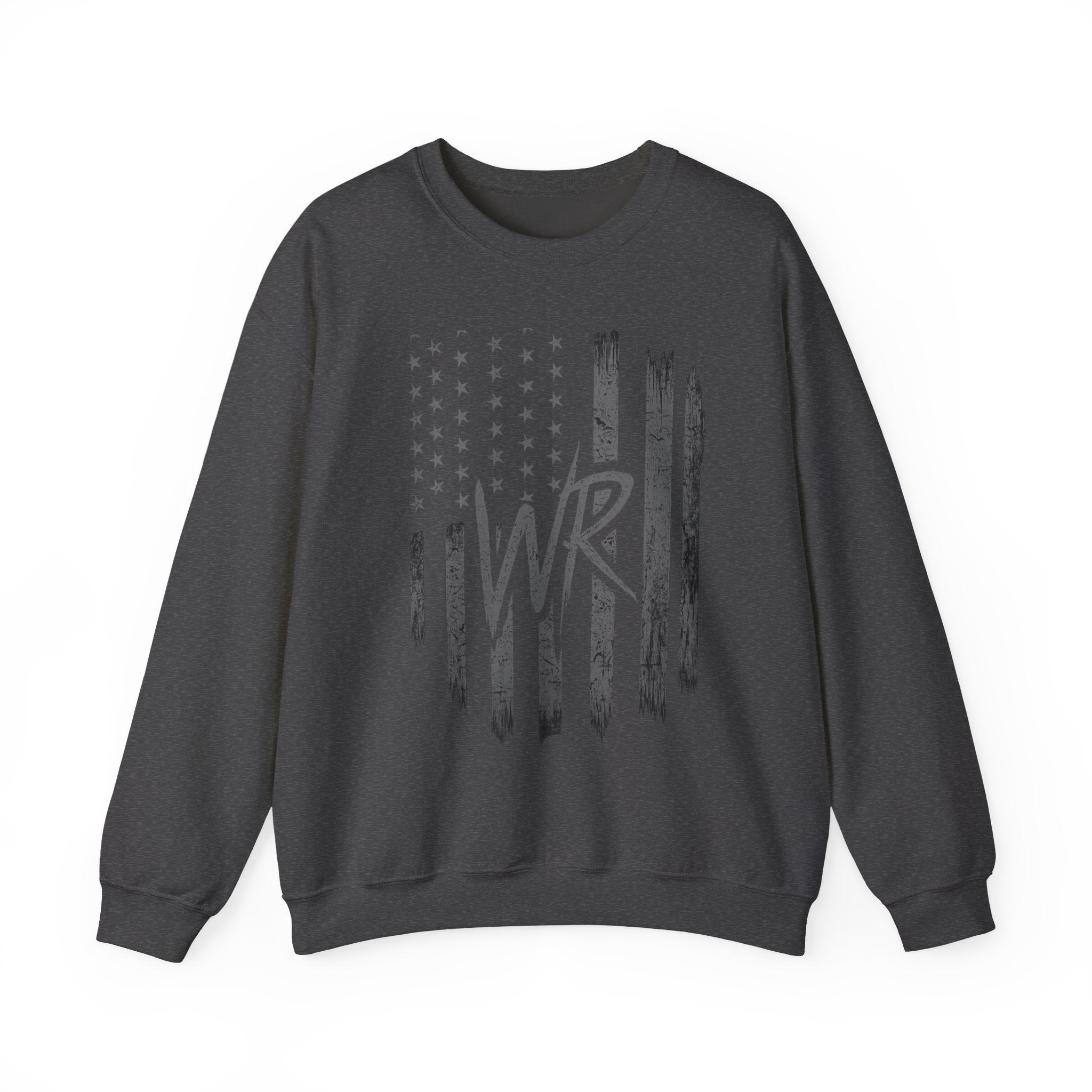 American Flag Crewneck Sweatshirt with WR Monogram — Distressed Patriotic Pullover