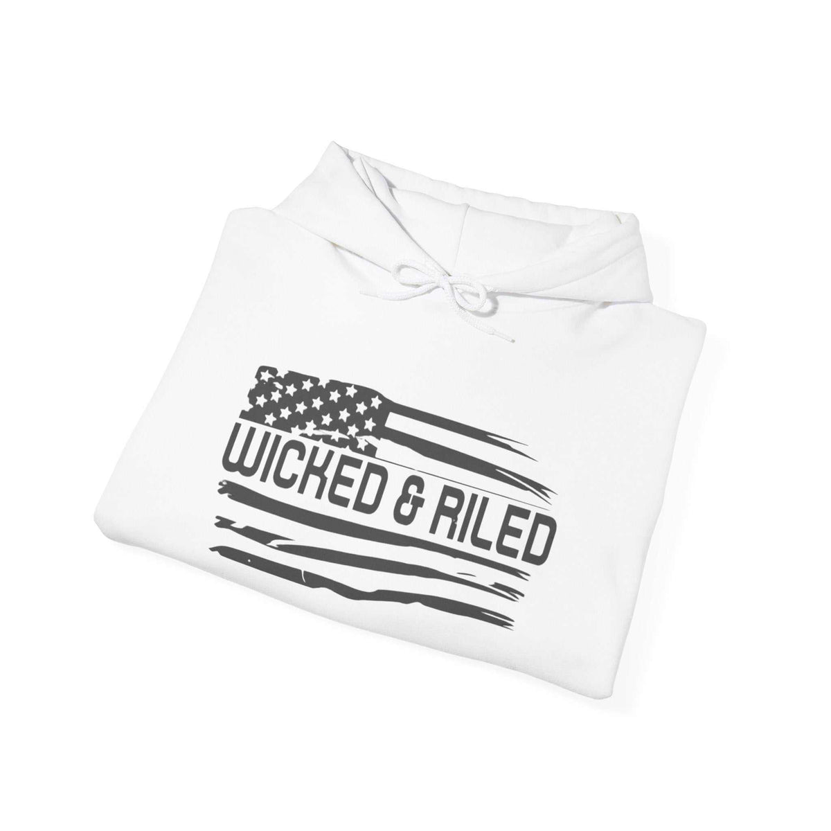 Distressed American logo on a Wicked & Riled pullover hoodie by Printify, showcasing a casual and stylish design.