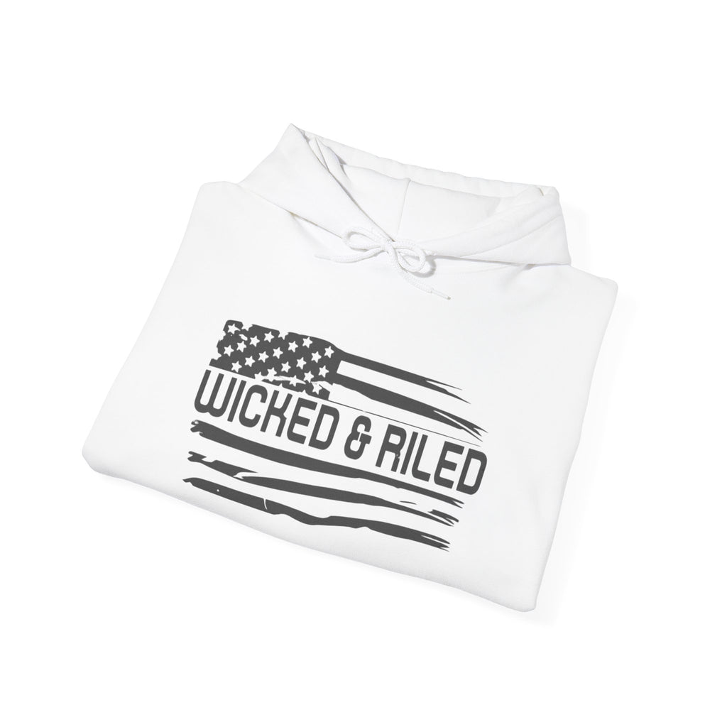 Wicked & Riled Flag Hoodie — Distressed American Logo Pullover