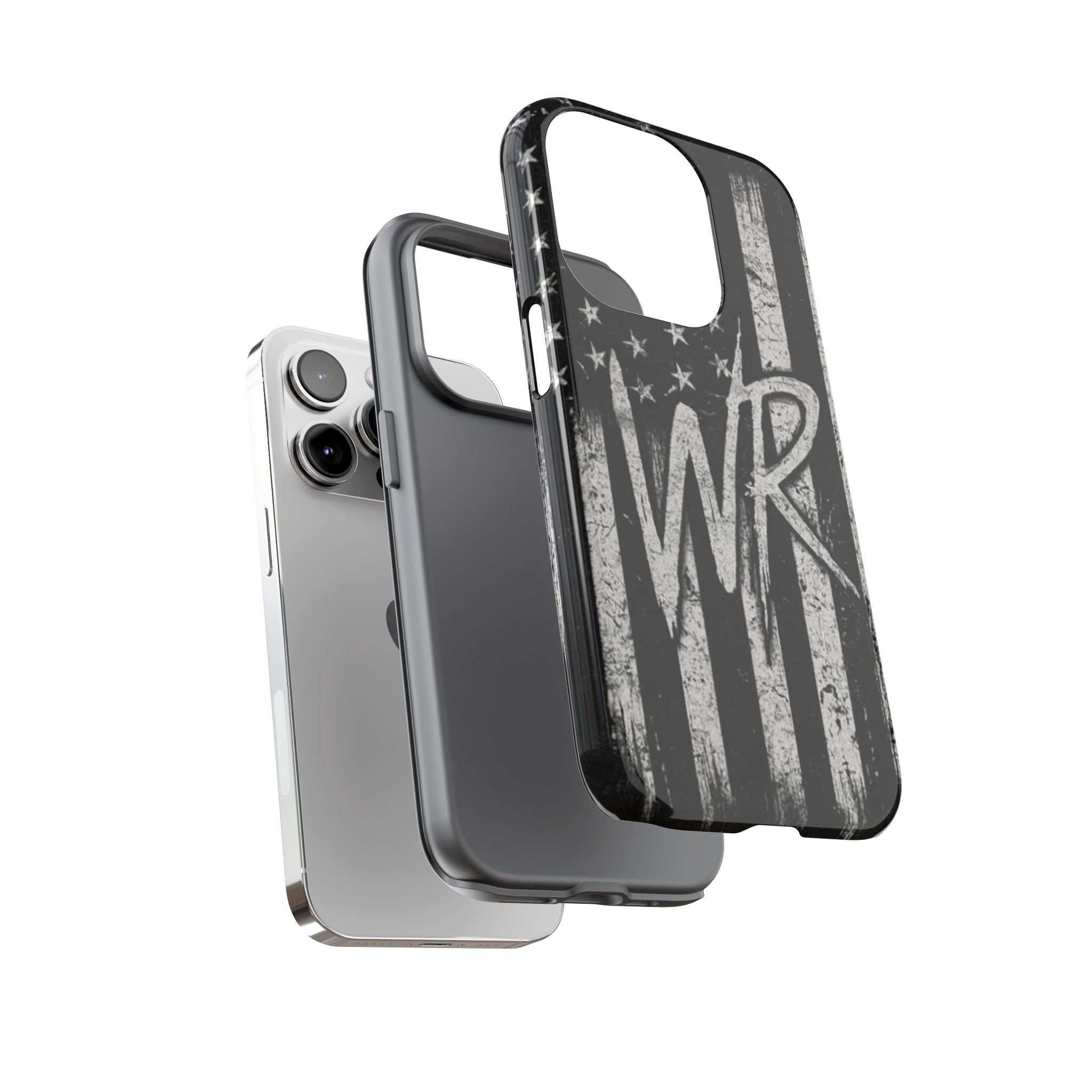 Distressed American flag design on a Patriotic Monogram Tough Phone Case featuring initials WR by Printify.