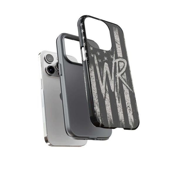 Distressed American flag design on a Patriotic Monogram Tough Phone Case featuring initials WR by Printify.