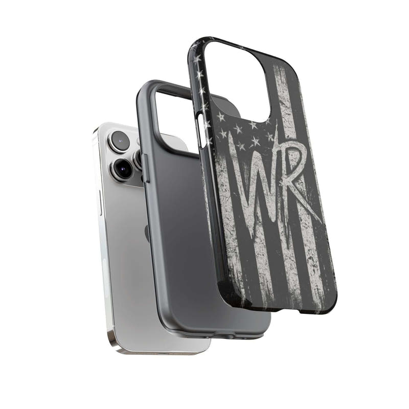 Distressed American flag design on a Patriotic Monogram Tough Phone Case featuring initials WR by Printify.